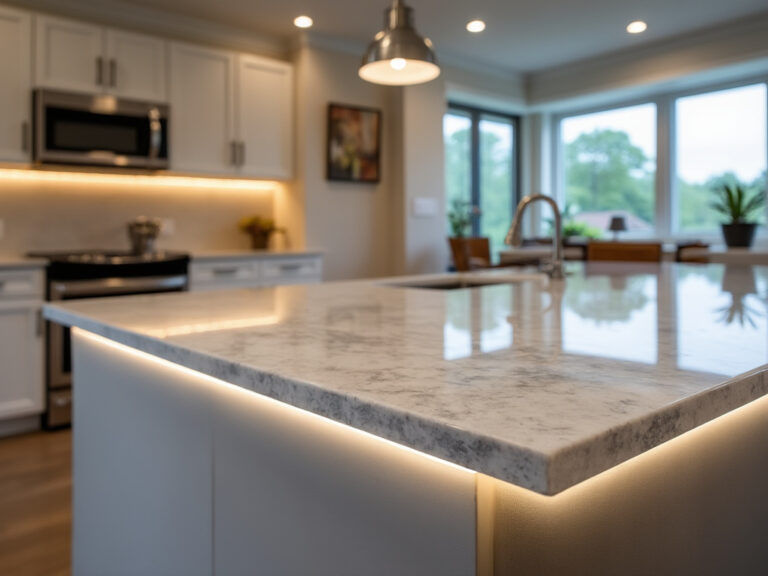 Modern kitchen with marble countertop and under-cabinet lighting.