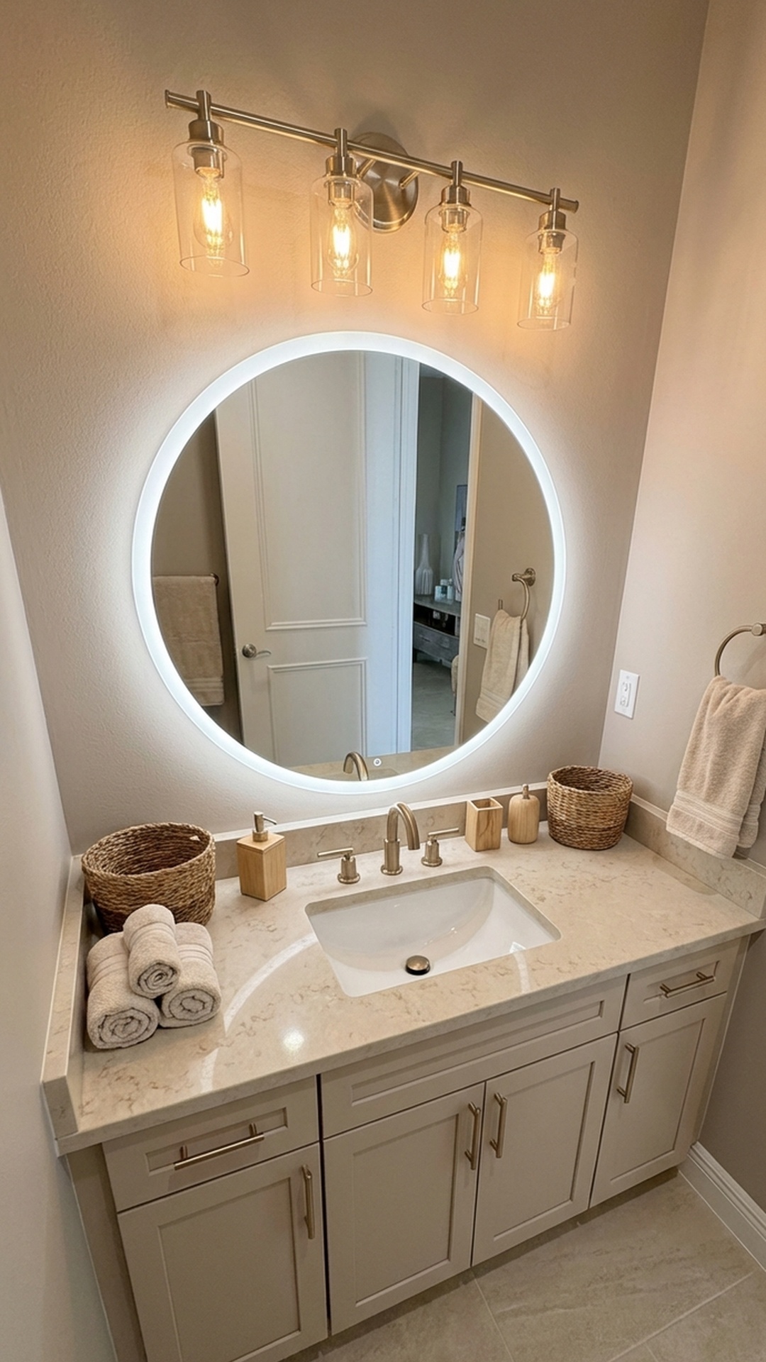 Transitional bathroom vanity remodel in Jupiter, FL with round backlit mirror and brass fixtures by MELTINI Remodeling