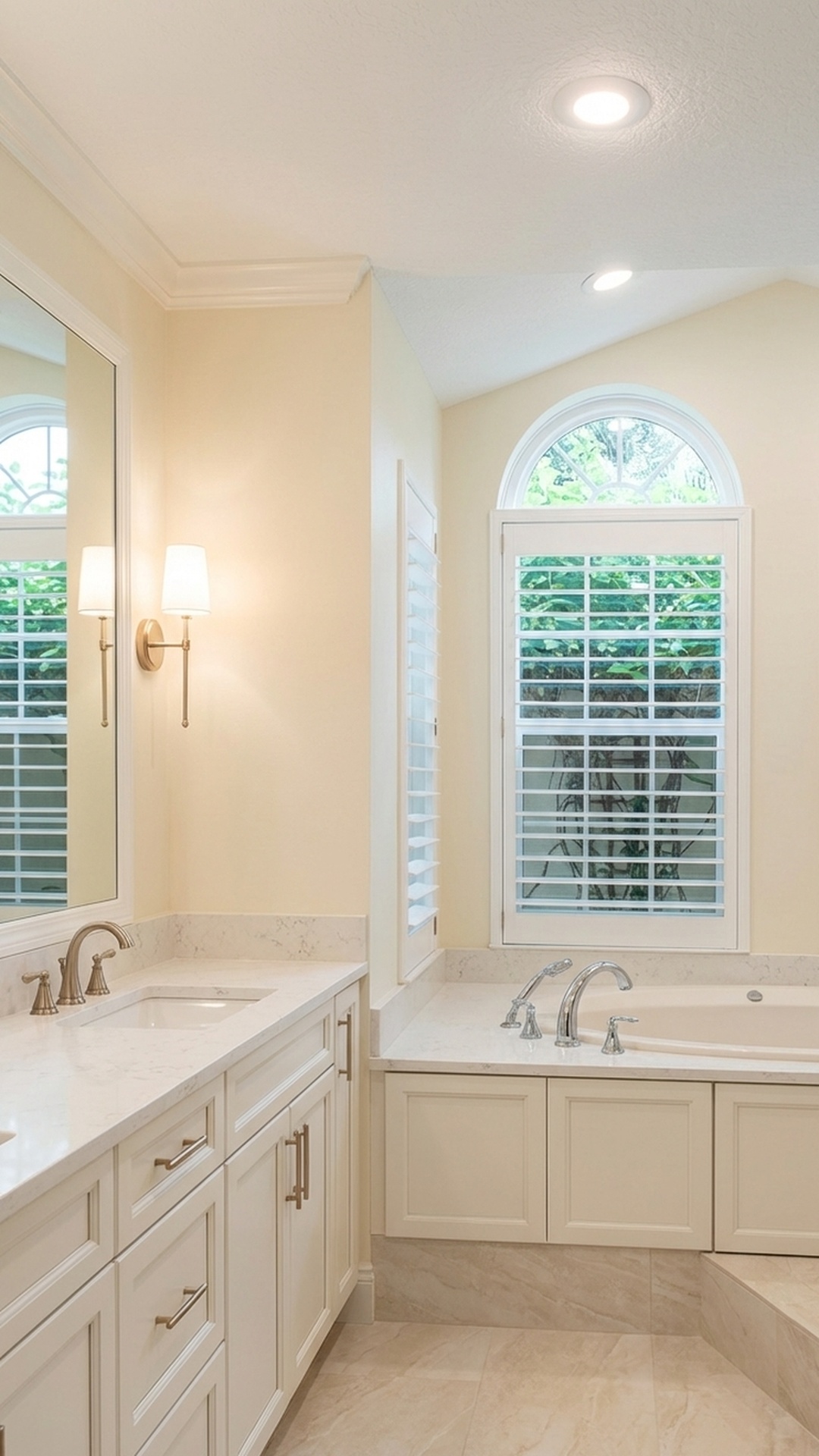 Traditional bathroom remodel in Jupiter, FL with soaking tub, marble surfaces, and arched window by MELTINI Remodeling