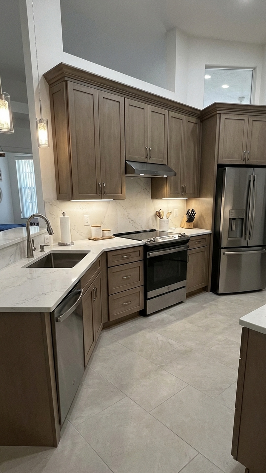 Kitchen remodel in Jupiter, FL with large-format porcelain floor tile and marble backsplash by MELTINI Remodeling